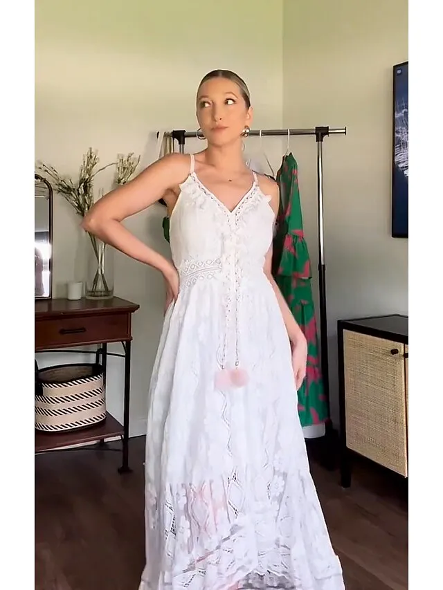 Women's Party Dress Lace Dress Casual Dress Holiday Dress Long Dress Maxi Dress White Beige Sleeveless Print Lace Summer Spring V Neck Basic