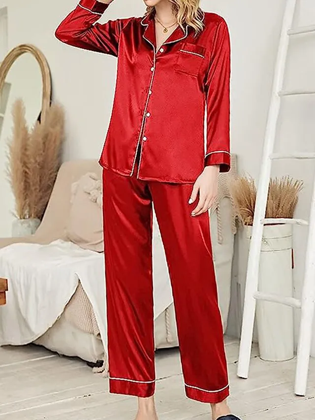 Women's Satin Silk Lounge Sets Satin Pajama Sets Pure Color Fashion Casual Comfort Home Daily Bed Satin Breathable Lapel Long Sleeve Shirt Pant Button Pocket Summer Fall Black White