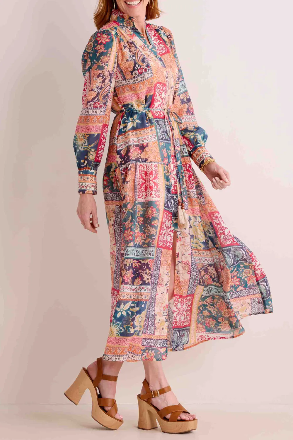 Patchwork Print Tie-Waist Maxi Dress
