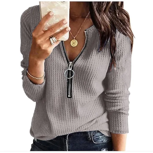 Blouse Women's Olive Green Denim Blue Black Solid / Plain Color Zip Up Daily Basic S