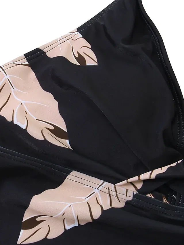 Women's Swimwear Tankini 2 Piece Plus Size Swimsuit Open Back Printing for Big Busts Trees / Leaves Black Halter V Wire Bathing Suits New Vacation Fashion / Modern / Padded Bras