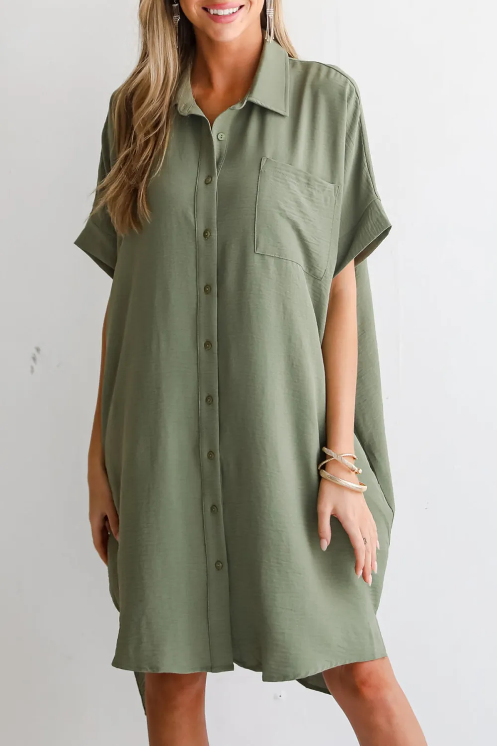 Composed Persona Green Button Front Midi Dress