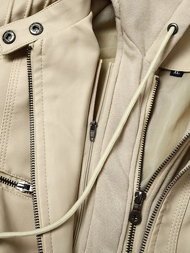 Women's Faux Leather Fall Hoodie Moto Biker Hoodie Jacket Windproof Warm Pocket Sports Solid Color Maillard Outerwear Long Sleeve Winter Fall Black Camel Red Street Casual Daily  M L XL