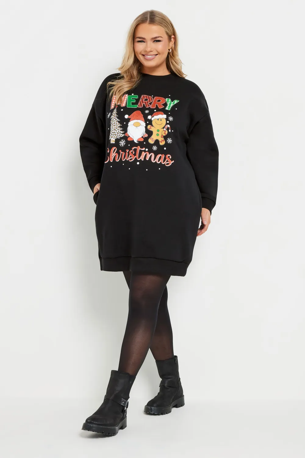 YOURS Curve Black 'Merry Christmas' Teddy Bear Sweatshirt Dress