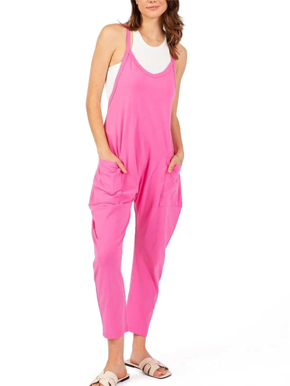 Hot Pink Sleeveless Pocketed Jumpsuit