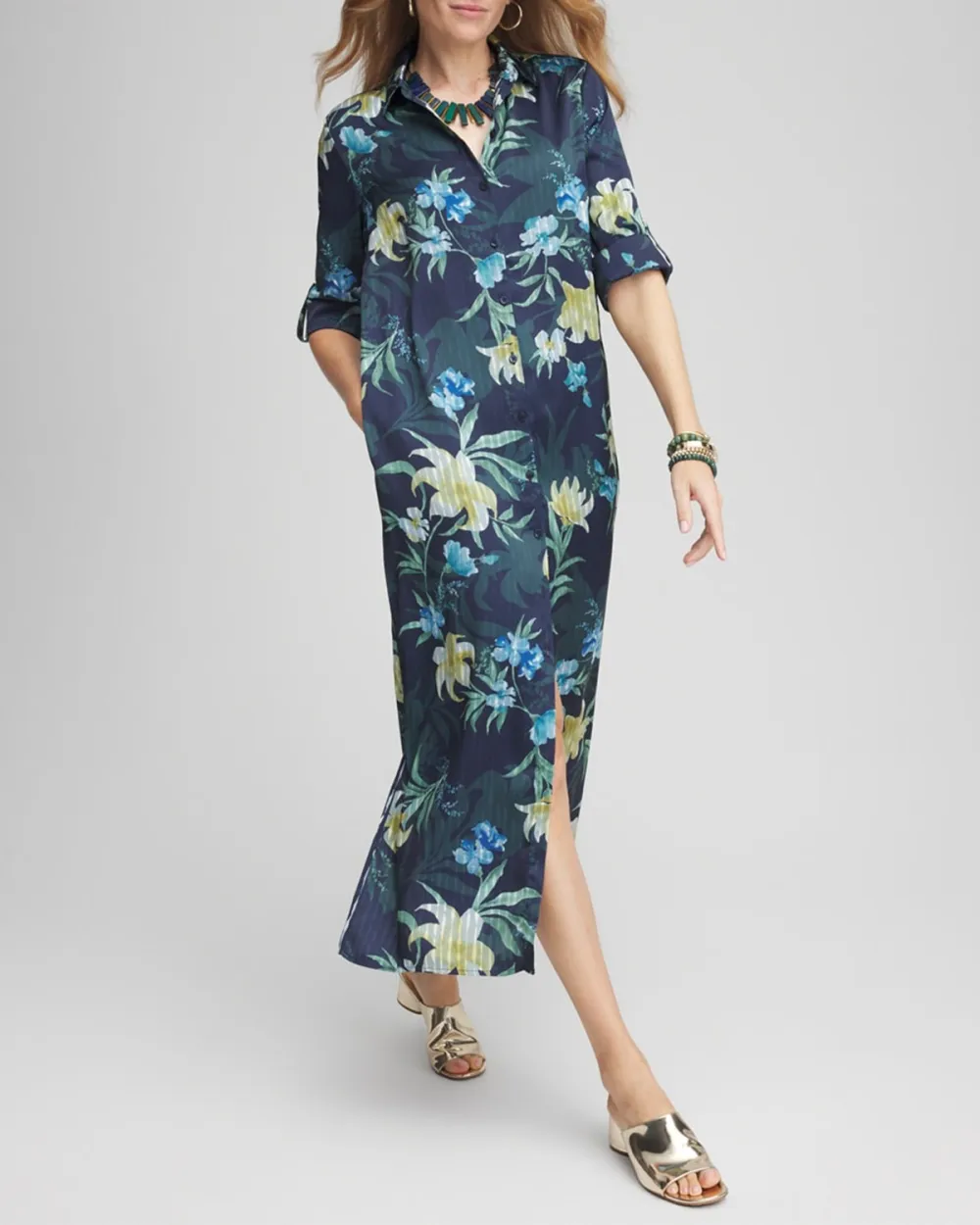 Long Sleeve StainTropical Print Midi Dress