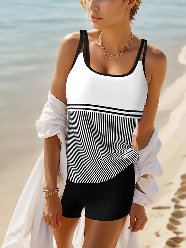 Women's Swimwear Tankini 2 Piece Normal Swimsuit 2 Piece Printing Stripe Geometic Black White Blue Camisole Strap Bathing Suits Sports Vacation Beach Wear