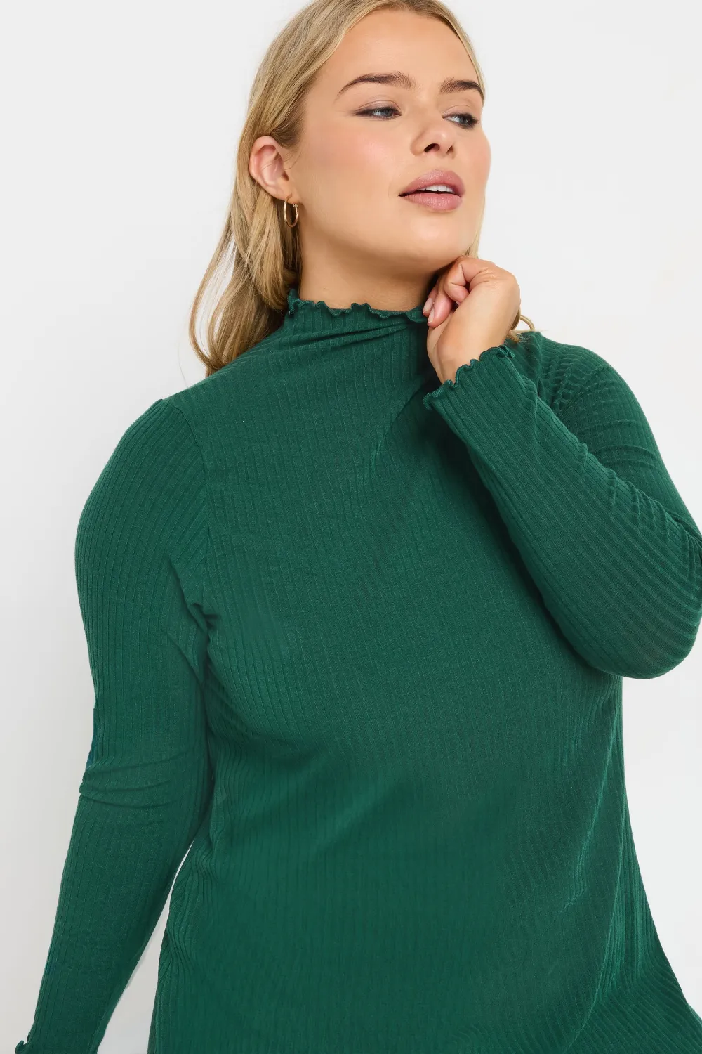 YOURS Curve Forest Green Ribbed Lettuce Hem Tunic Dress