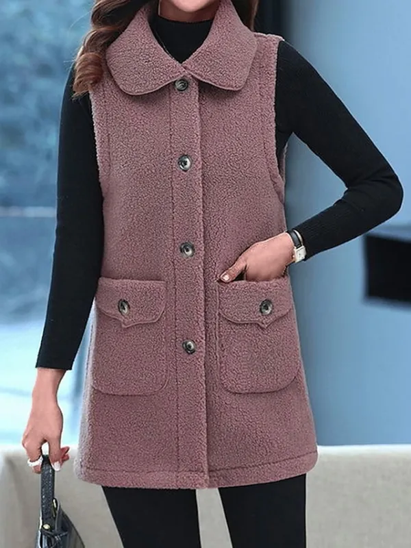 Women's Teddy Vest Long Teddy Coat Fall Sherpa Jacket Fleece Warm Zipper Vest with Pockets Winter Long Coat Windproof Warm Modern Style Sleeveless Plain Pink Red Khaki