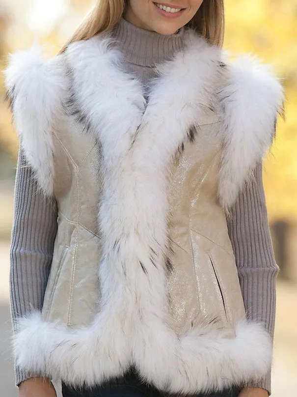 Women Casual Plain Loose Vest With Trim Fur