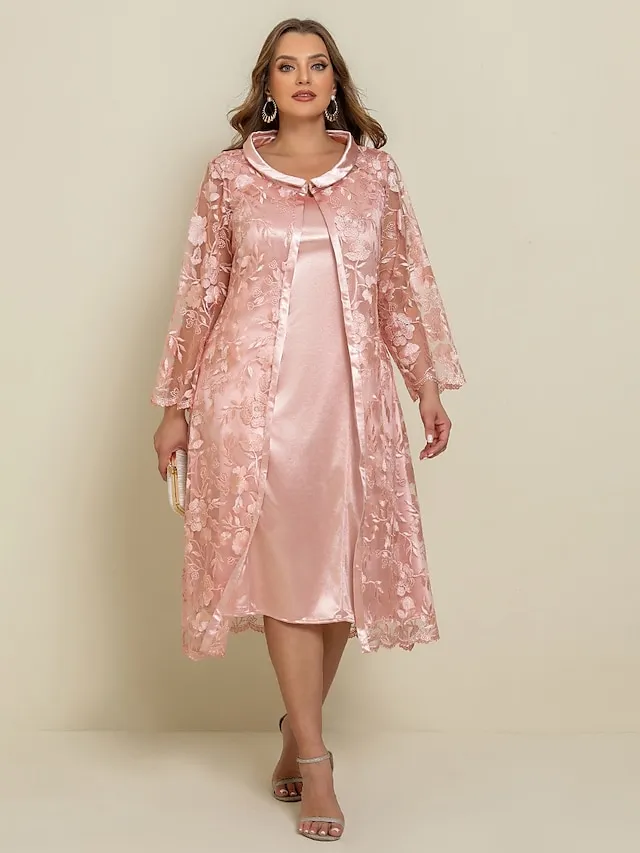 Women‘s Plus Size Curve Two Piece Dress Lace Party Dress Print Crew Neck 3/4 Length Sleeve Spring Fall Work Midi Dress Formal Vacation Dress Wedding Guest Dress