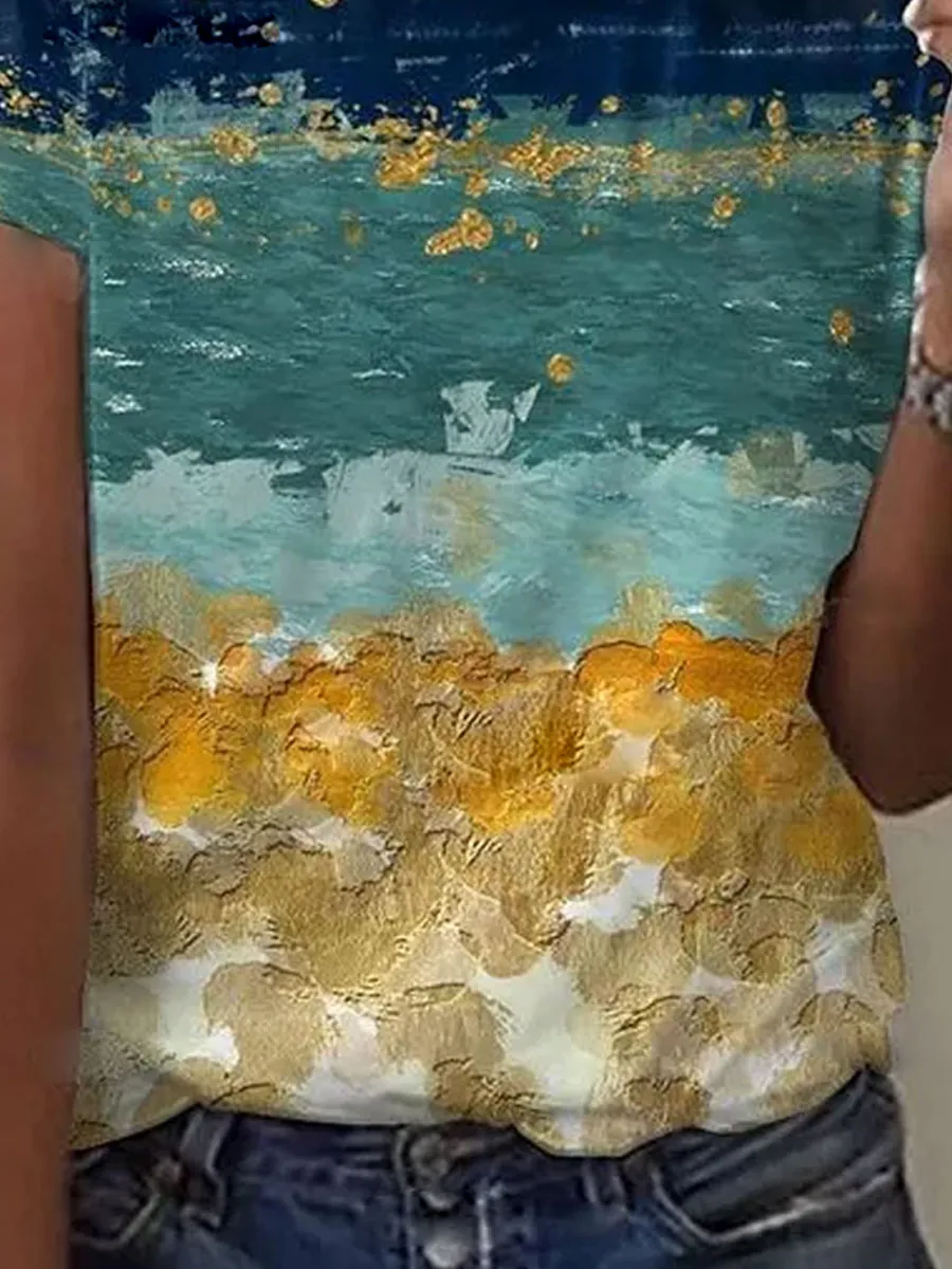 Round Neck Print Gradient Loose Short-sleeved T-shirt