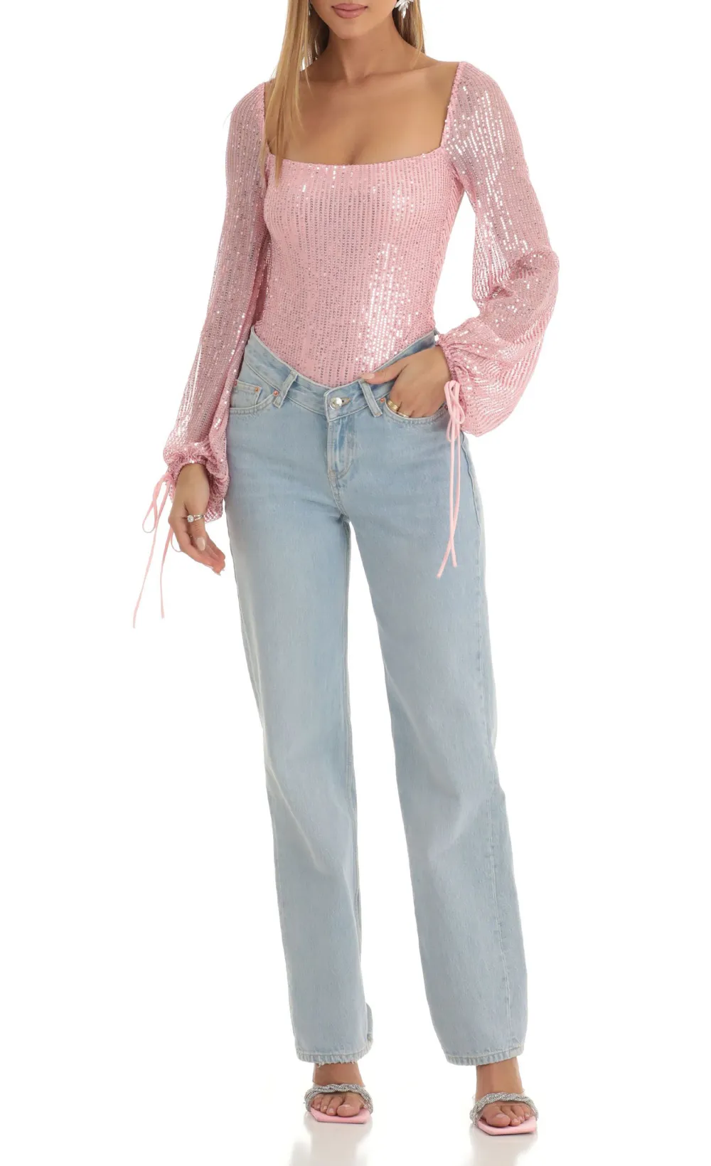 Amory Sequin Long Sleeve Bodysuit in Pink