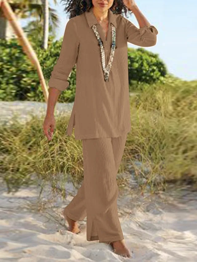 Women's Shirt Pants Sets Black Dark Navy Camel Plain Long Sleeve Casual Daily Vintage Fashion Streetwear V Neck Regular Fit Fall & Winter