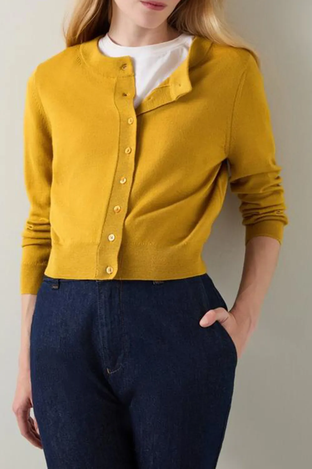 Mustard Yellow Cropped Button Down Knit Cardigan