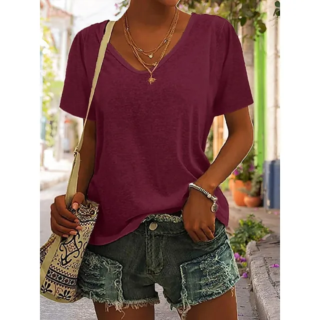 Women's Blouse T shirt Tee Basic Plain Daily V Neck T-shirt Sleeve Regular Summer White Black Blue Purple Dark Red