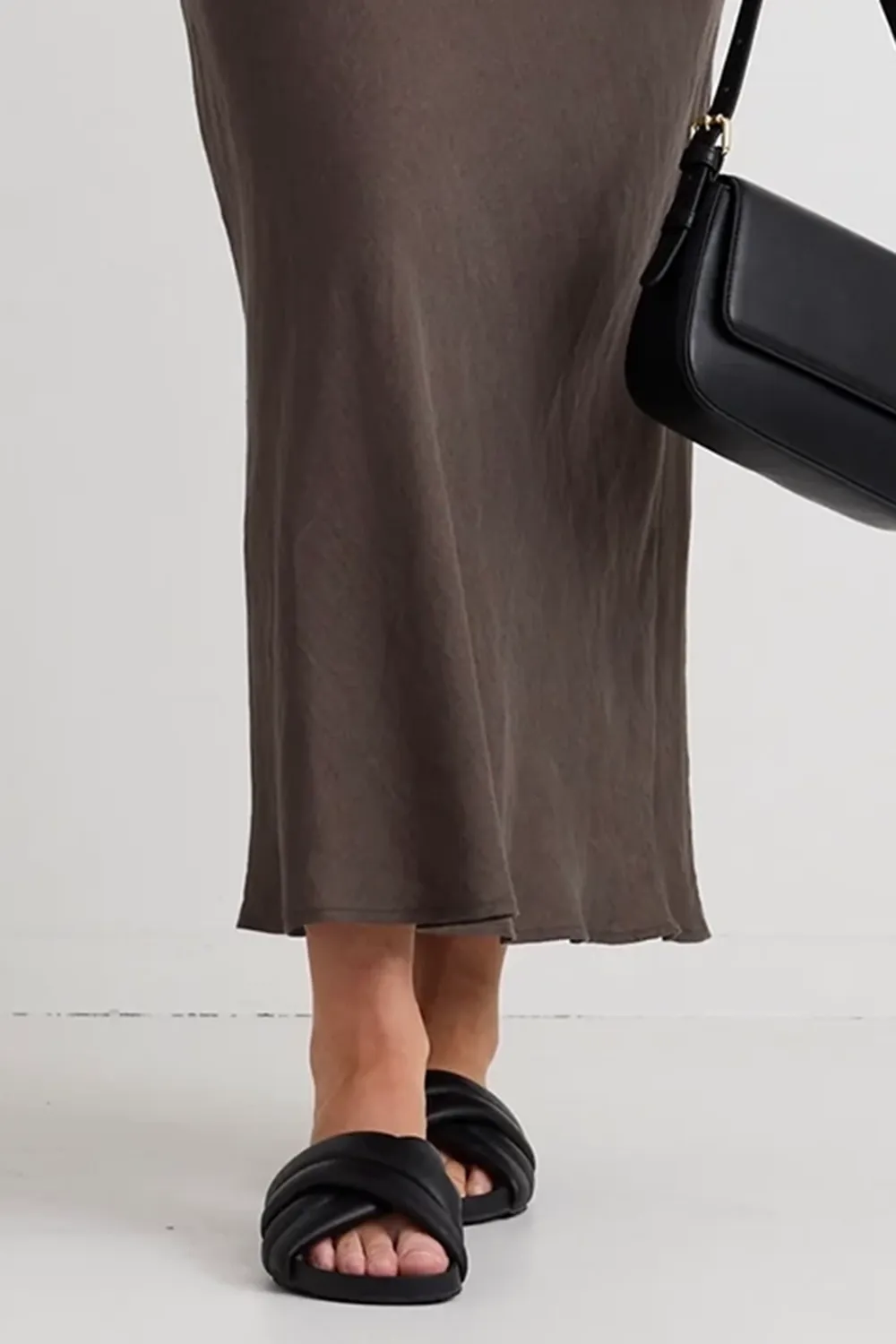 Brown Satin Midi Pencil Skirt