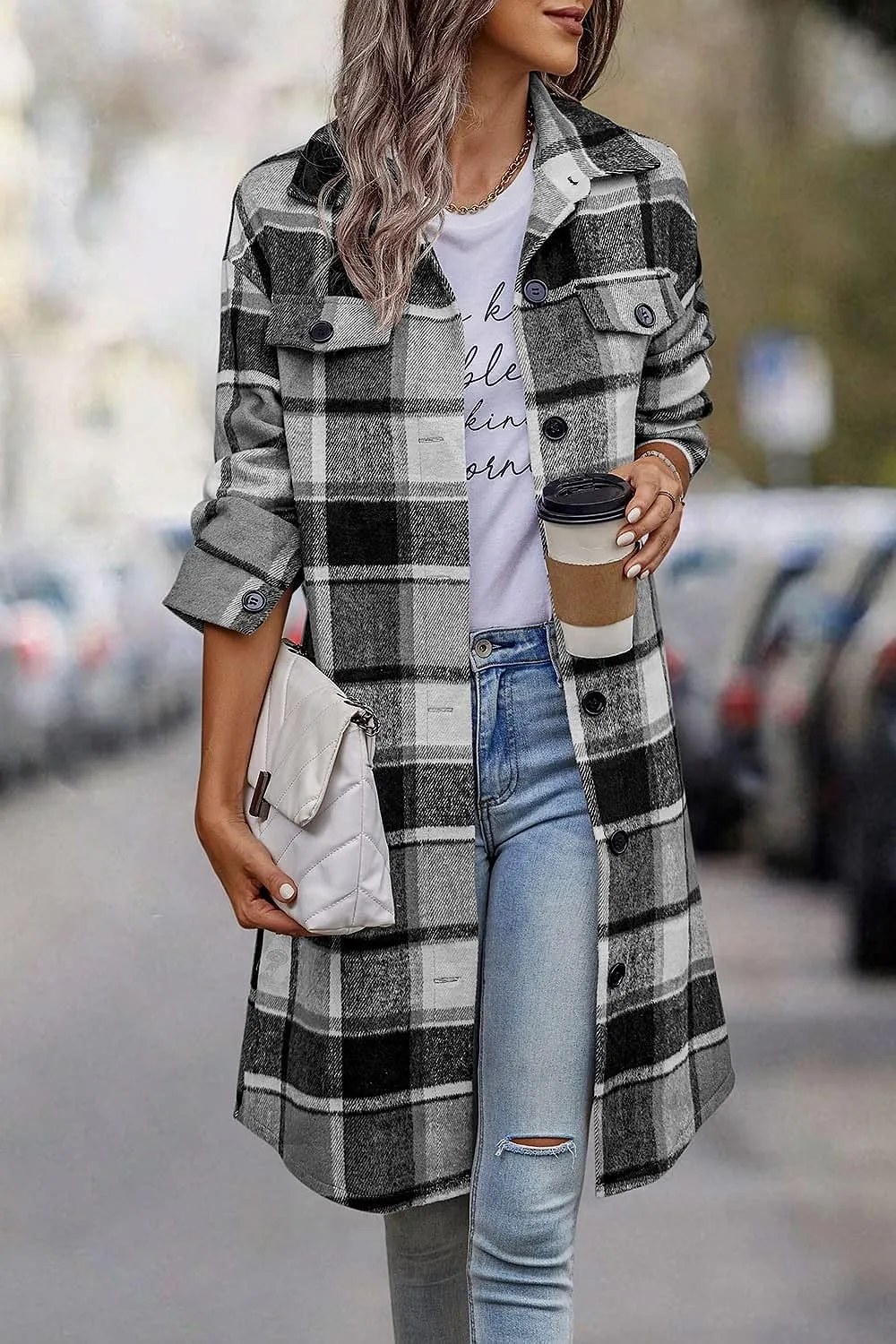 Women's Plaid Shacket 2023 Long Sleeve Button Up Flannel Shirt Winter Tartan Jacket Woolen Coats