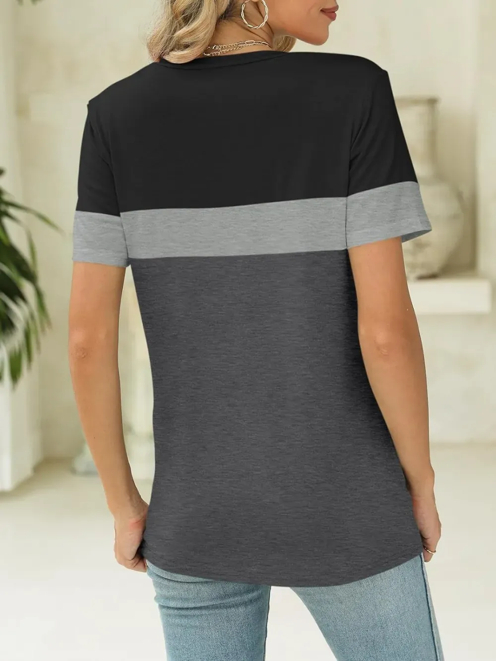 ORANDESIGNE Women's Color Block Short Sleeve T Shirts Casual V Neck Summer Tops Tees Loose Fit Blouses