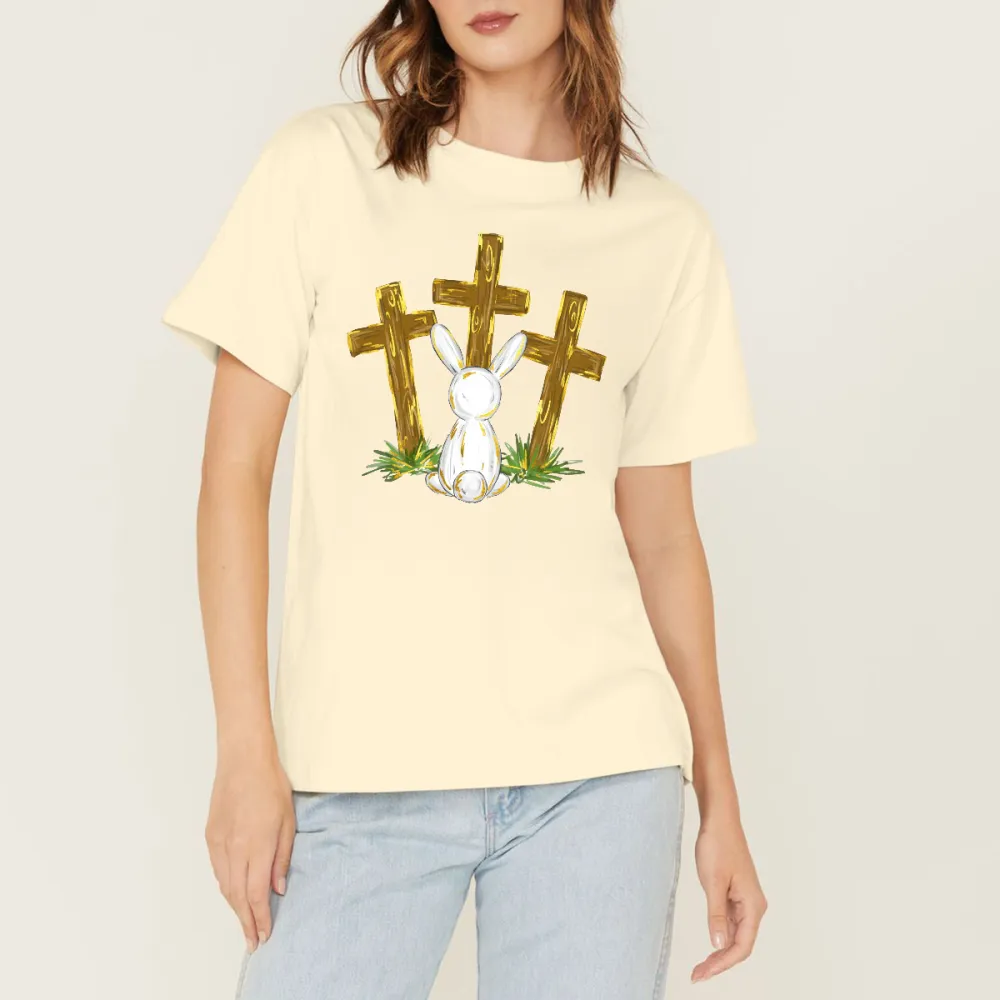 Cartoon Bunny And Three Golden Crosses Combination Pattern, Easter And Christian Elements, Loose, Simple, Casual T-Shirt.