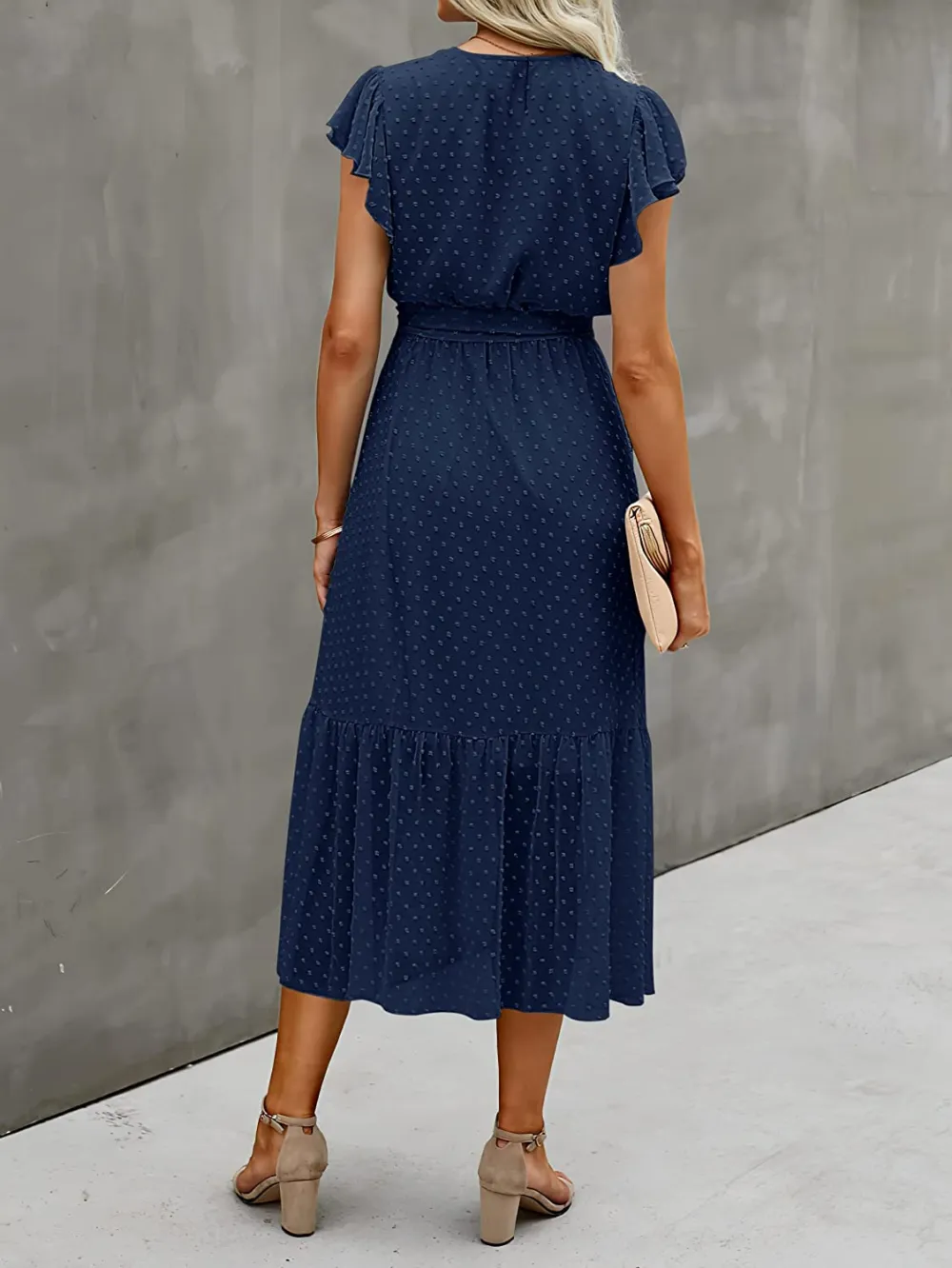 Women Summer Bohemian Floral Casual Wrap V Neck Ruffle Cap Sleeveless Belt A-Line Pleated Hem Swing Midi Sun Dress