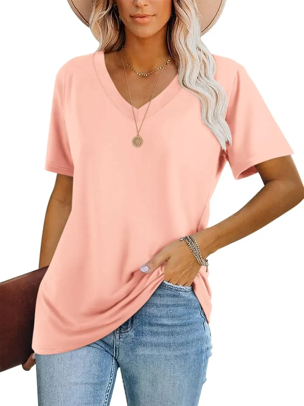 ORANDESIGNE Women's Color Block Short Sleeve T Shirts Casual V Neck Summer Tops Tees Loose Fit Blouses