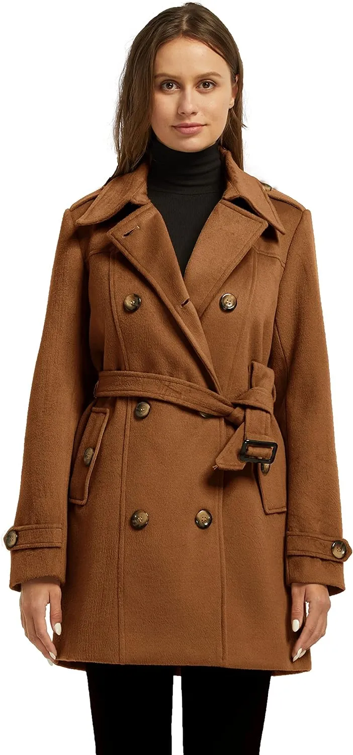 Women's Double Breasted Pea Coat Winter Mid-Long Trench Coat with Belt