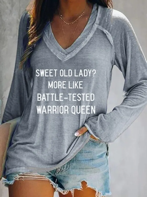 Women's T shirt Tee Gray Text Print Long Sleeve Daily Weekend Basic V Neck Regular Fit Painting Fall & Winter