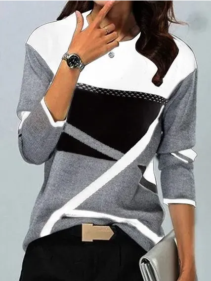 Women Color Block Crew Neck Casual Long Sleeve Top