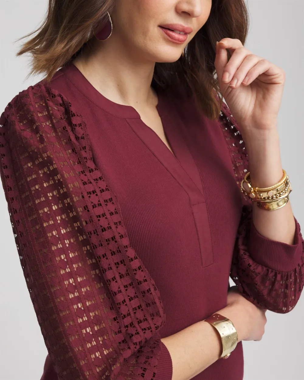 Split Neck Lace Sleeve Top
