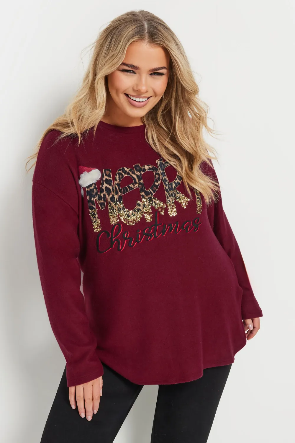 YOURS Curve Burgundy Red 'Merry Christmas' Sequin Embellished Sweatshirt