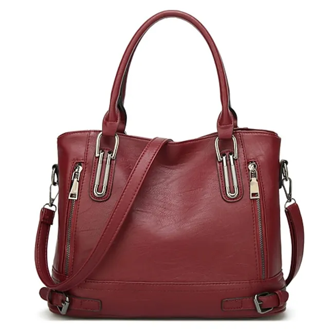 Women's Handbag Satchel Top Handle Bag PU Leather Office Daily Going out Zipper Solid Color Wine Black Brown