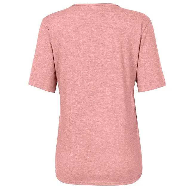 Women‘s Casual Short-Sleeved Top V-Neck Zipper Solid Color Button T-shirt Blouse