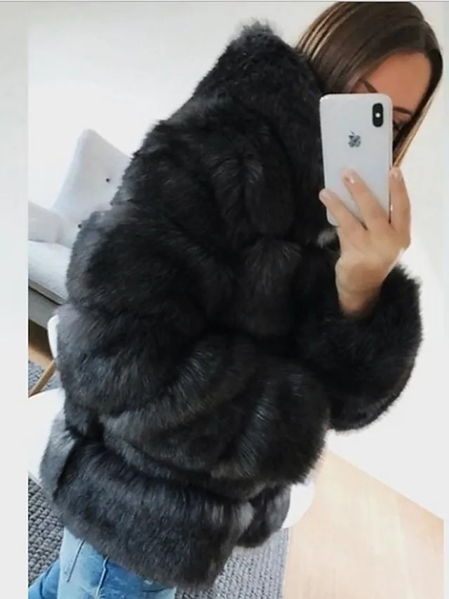 Women's Faux Fur Coat Regular Oversized Coat Sapphire Black Wine Dark Green khaki Party Party Fall Hoodie Regular Fit S M L XL XXL 3XL / Daily