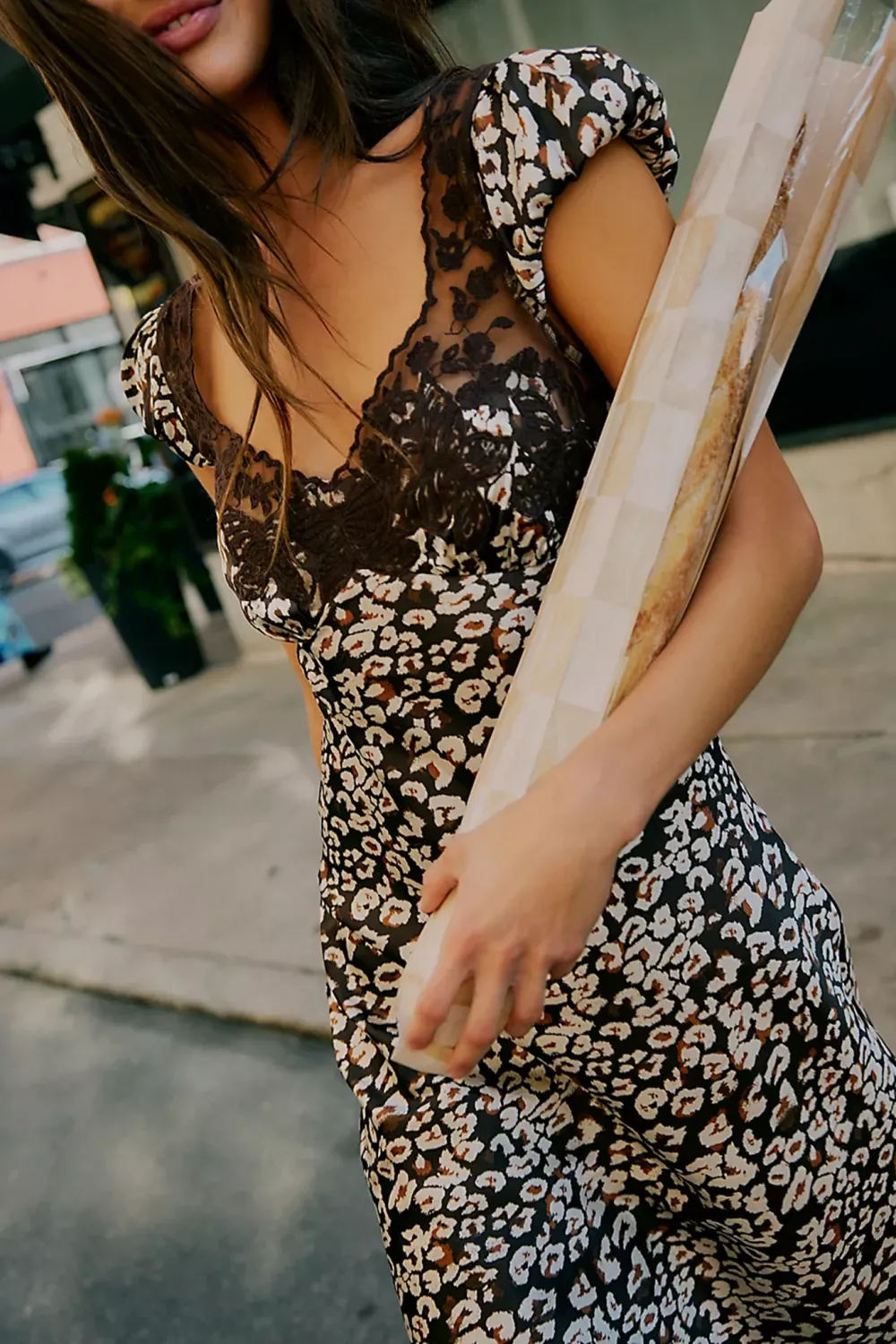 V Neck Floral Print Lace Trim Midi Dress