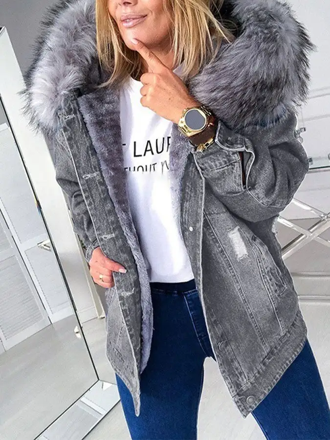 Women'S Big Fur Collar Denim Jacket Fashion Casual Jacket