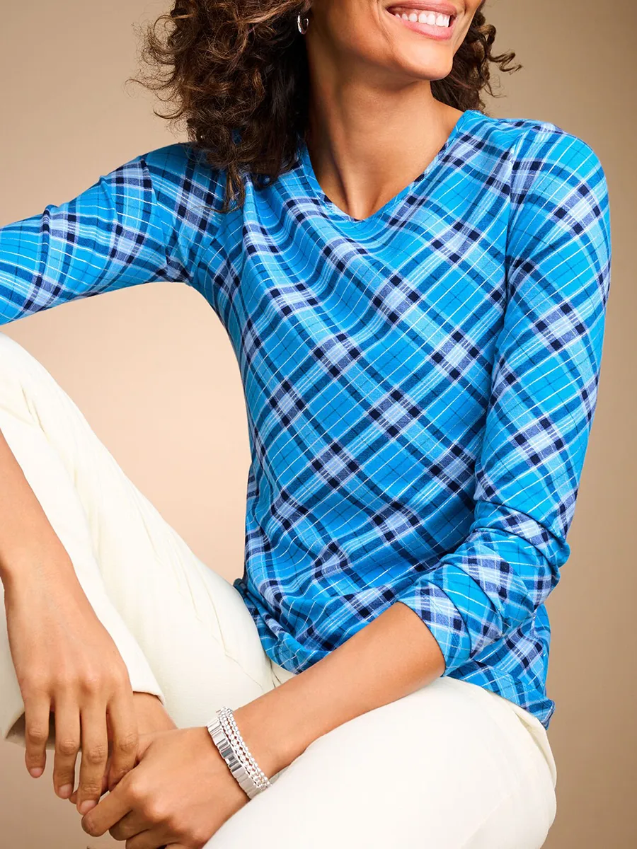 Women'S Sequined Plaid Pattern Round Neck Long Sleeve T-Shirt