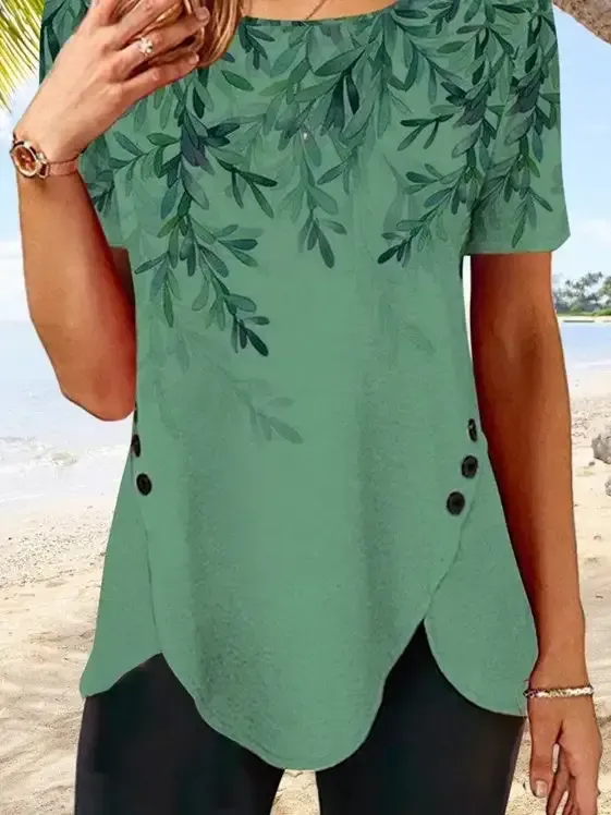 Women's Green Scoop Neck Short Sleeve Printed Top