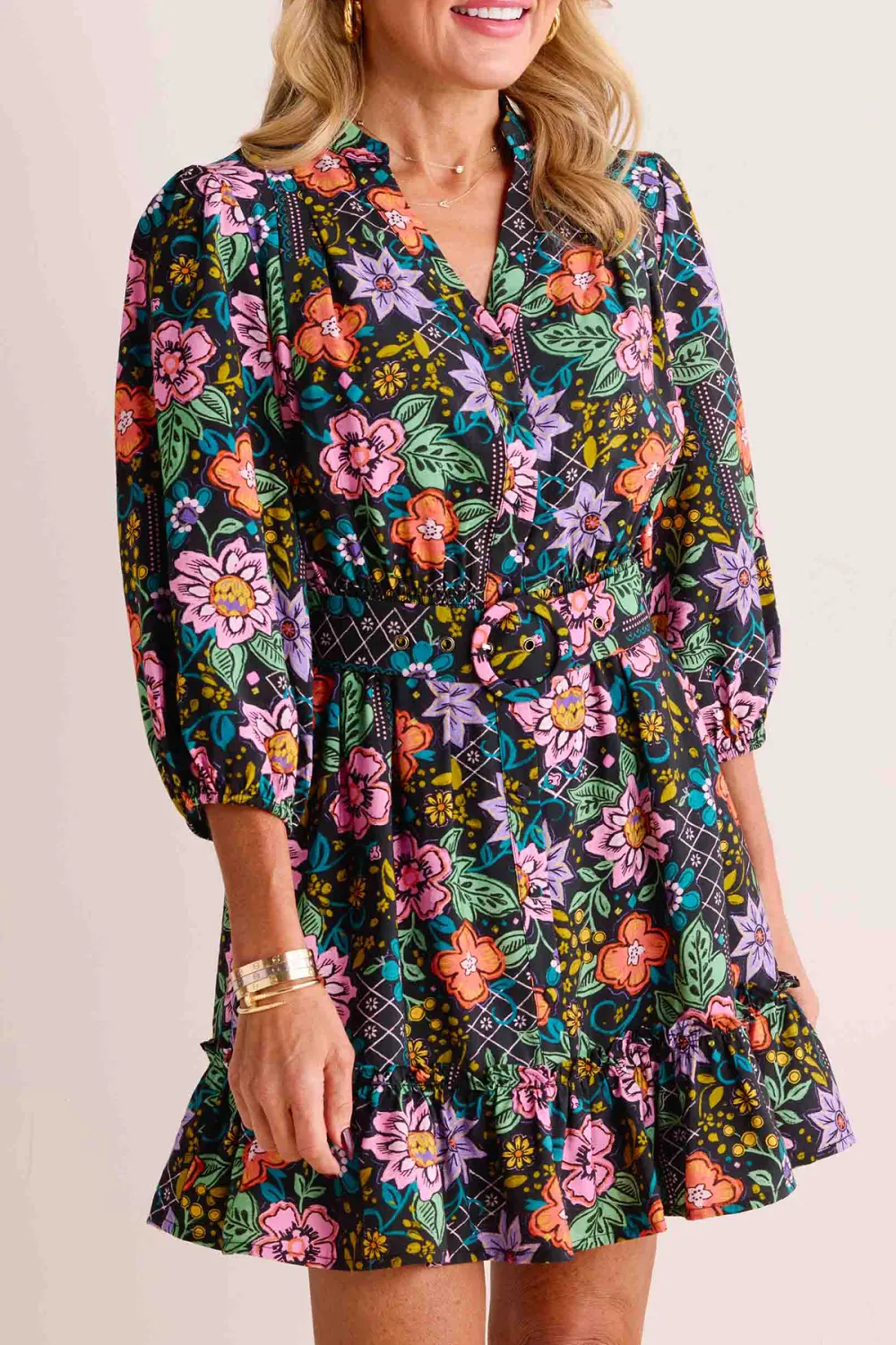 Multicolored Floral Print Long Sleeve Dress