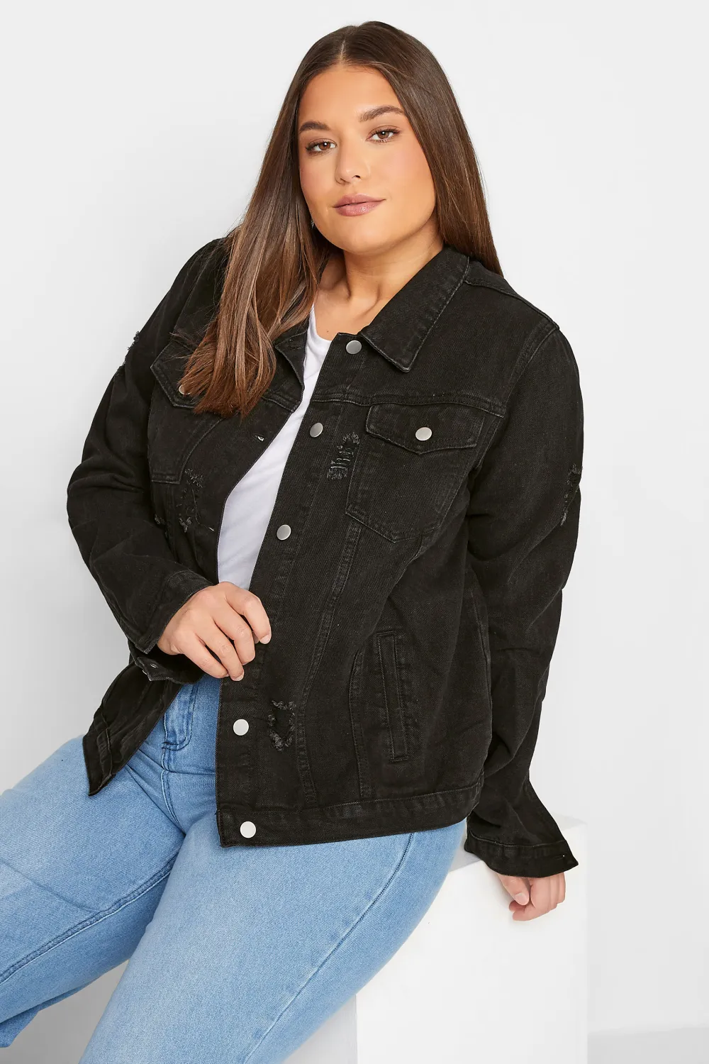 LTS Tall Black Distressed Denim Jacket