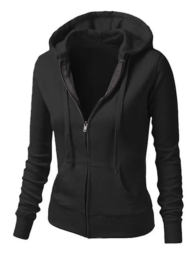 Women's Casual Jacket Hoodie Jacket Warm Pocket Zipper Hoodie Casual Solid Color Regular Fit Outerwear Long Sleeve Fall Spring Black Blue Pink Daily Going out M L XL
