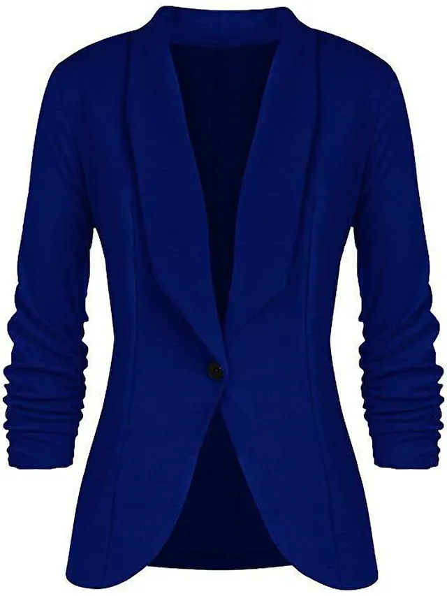 Women's Blazer Formal Office Jacket Open Front Button Plain Windproof Streetwear Pink Regular Fit Outerwear Long Sleeve Spring Navy S