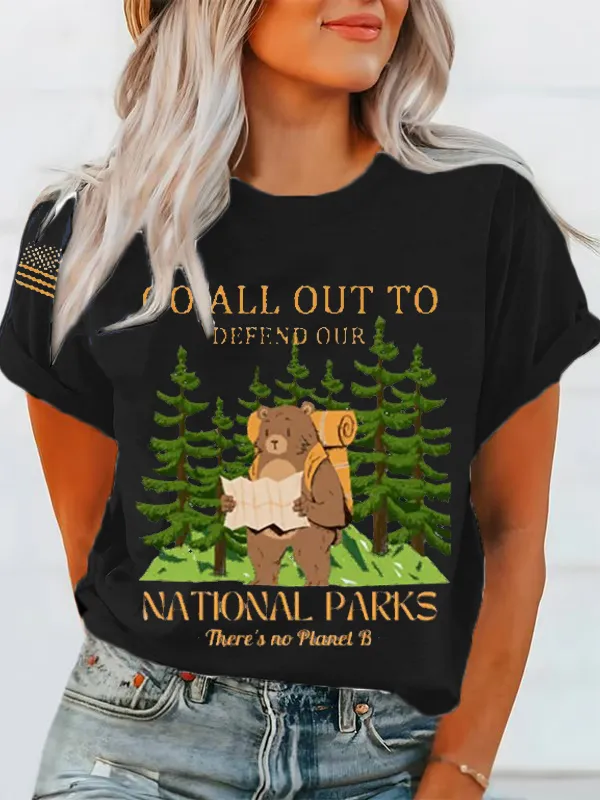 T-Shirt Women Protect Our National Parks Print Crewneck T-Shirt Cartoon Art Print
