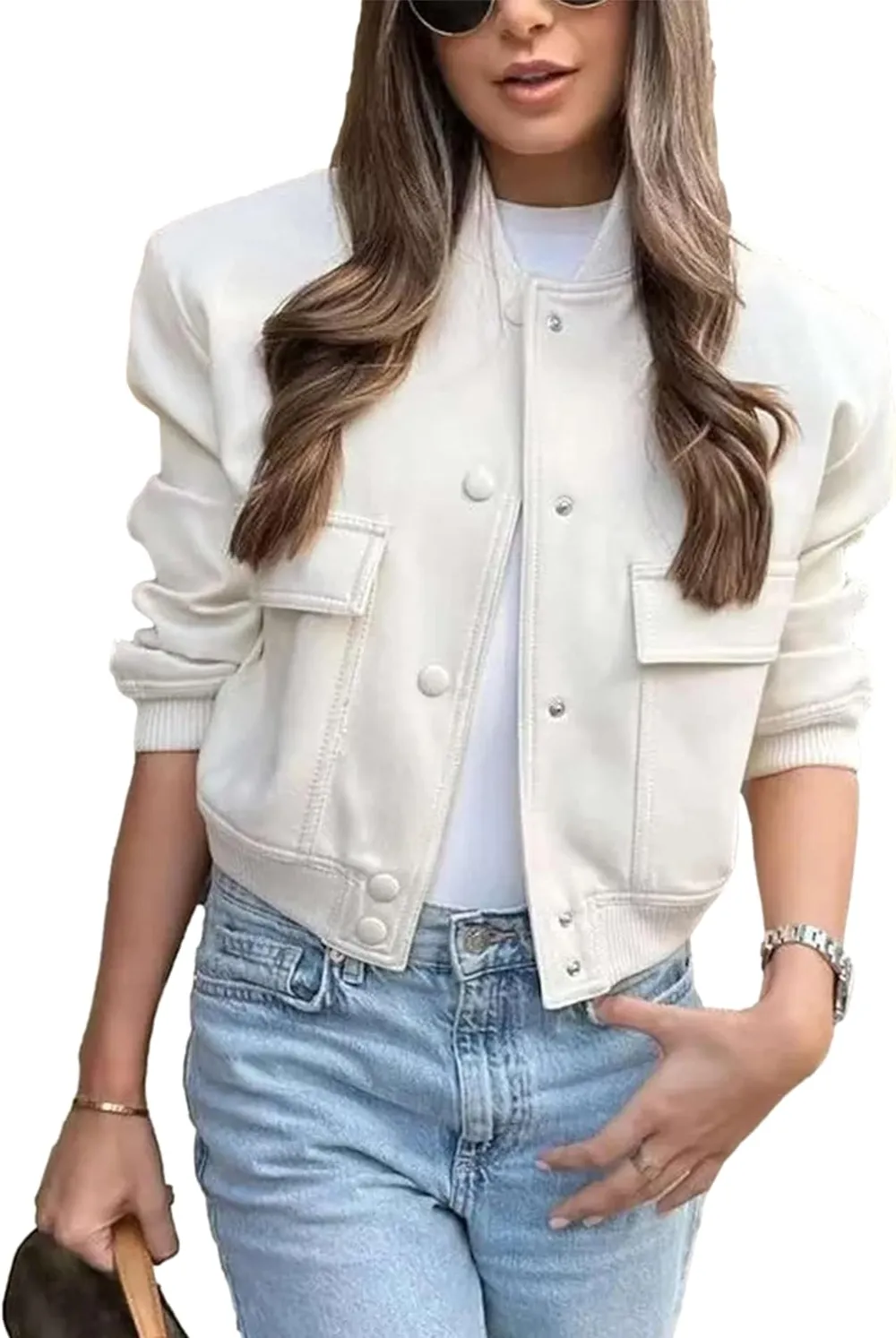 Womens Cropped Bomber Jacket Button Down Varsity Jackets Shackets With Pockets