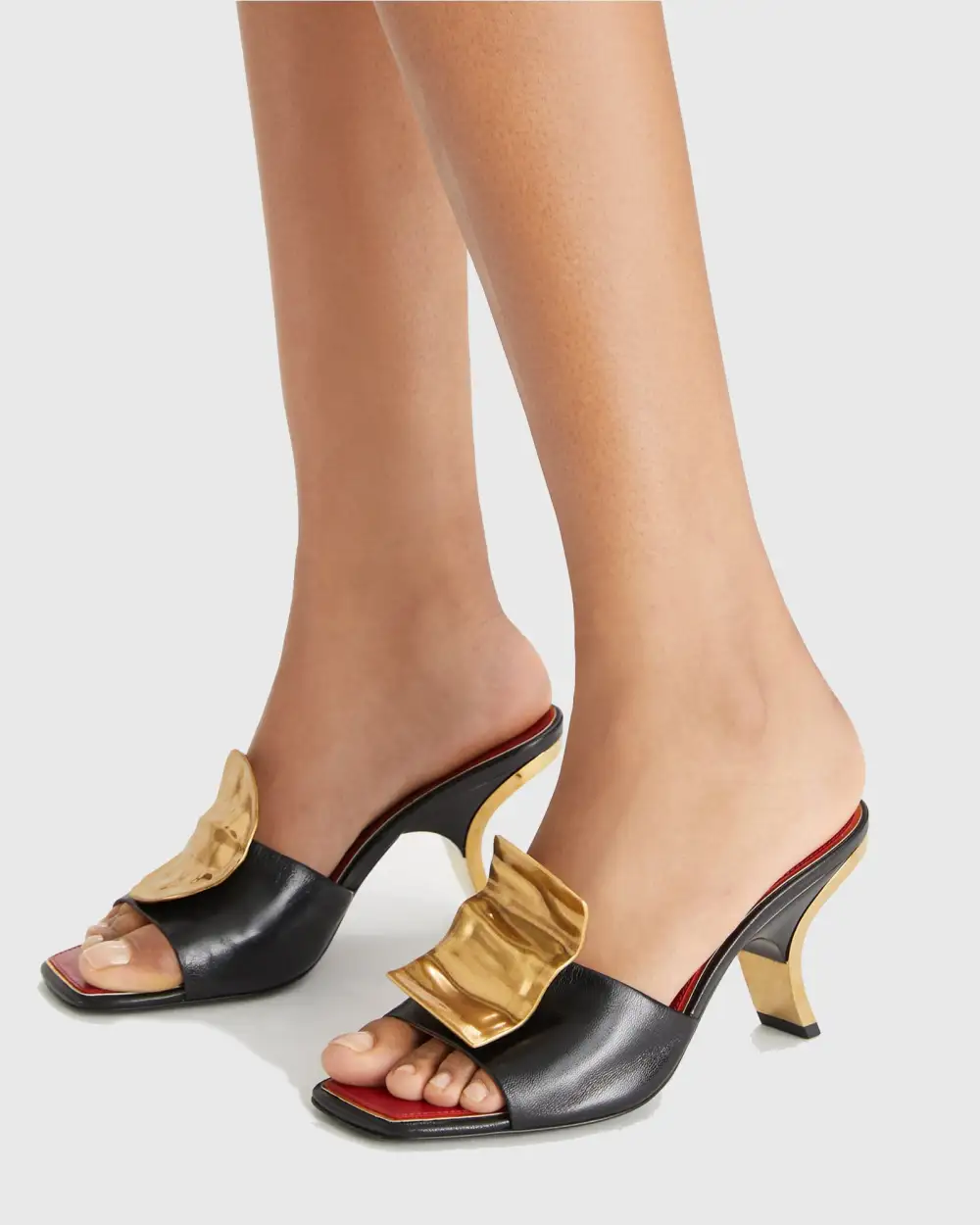 Metal Coin Asymmetrical Slippers in Black