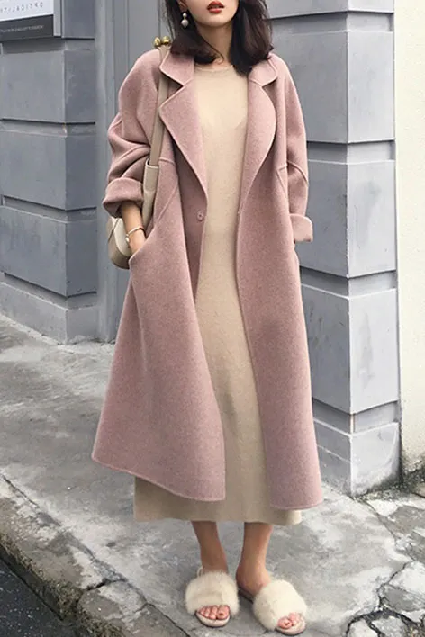 Solid Elegant Faux Woolen Lapel Coat
