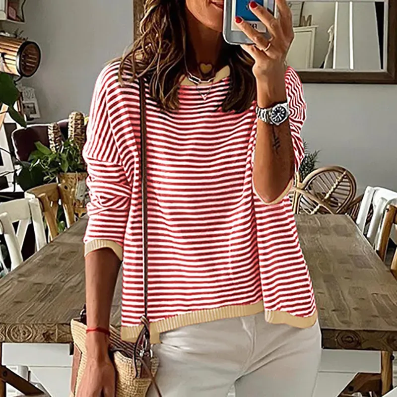 Casual Contrast Striped Off Shoulder Long Sleeved Sweater