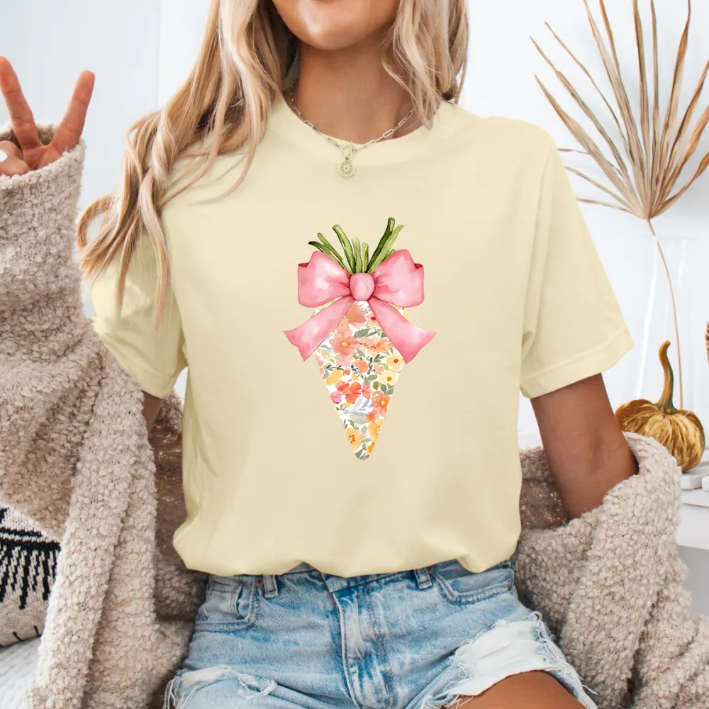 A Floral Design On A Carrot Top With A Pink Bow And Green Leaves On Top, Easter, Casual T-Shirt.