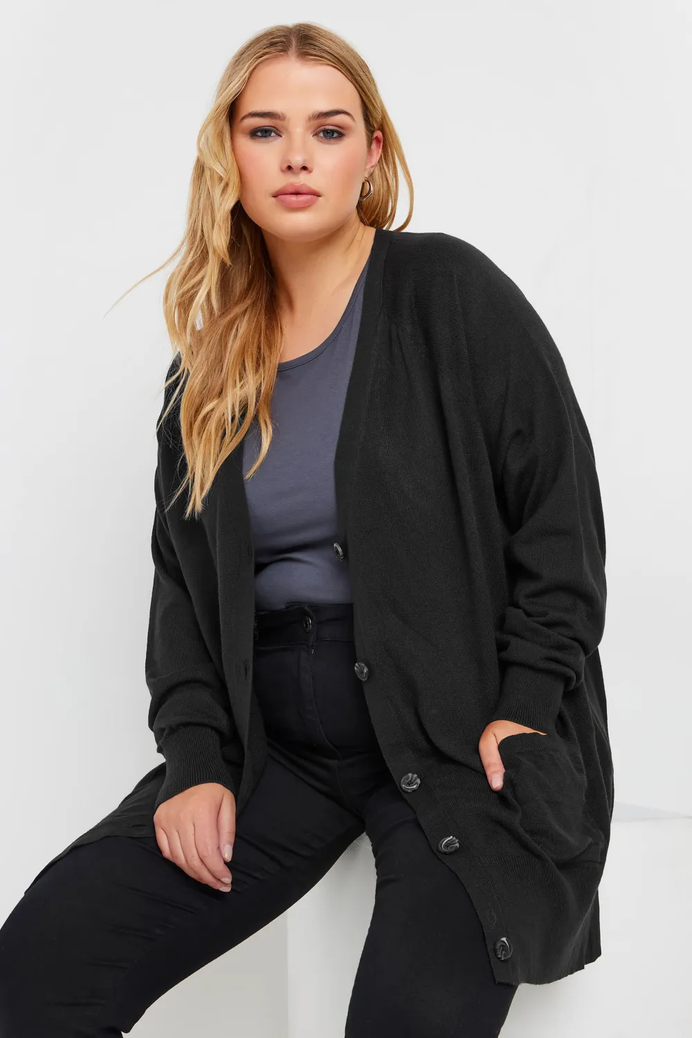 YOURS Curve Black Boyfriend Button Through Cardigan