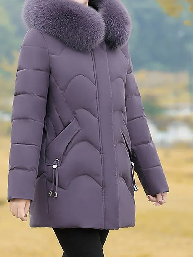 Women's Parka Warm Breathable Outdoor Street Daily Wear Going out Zipper Pocket Fur Collar Zipper Hoodie Fashion Modern Casual Street Style Solid Color Regular Fit Outerwear Long Sleeve Fall Winter